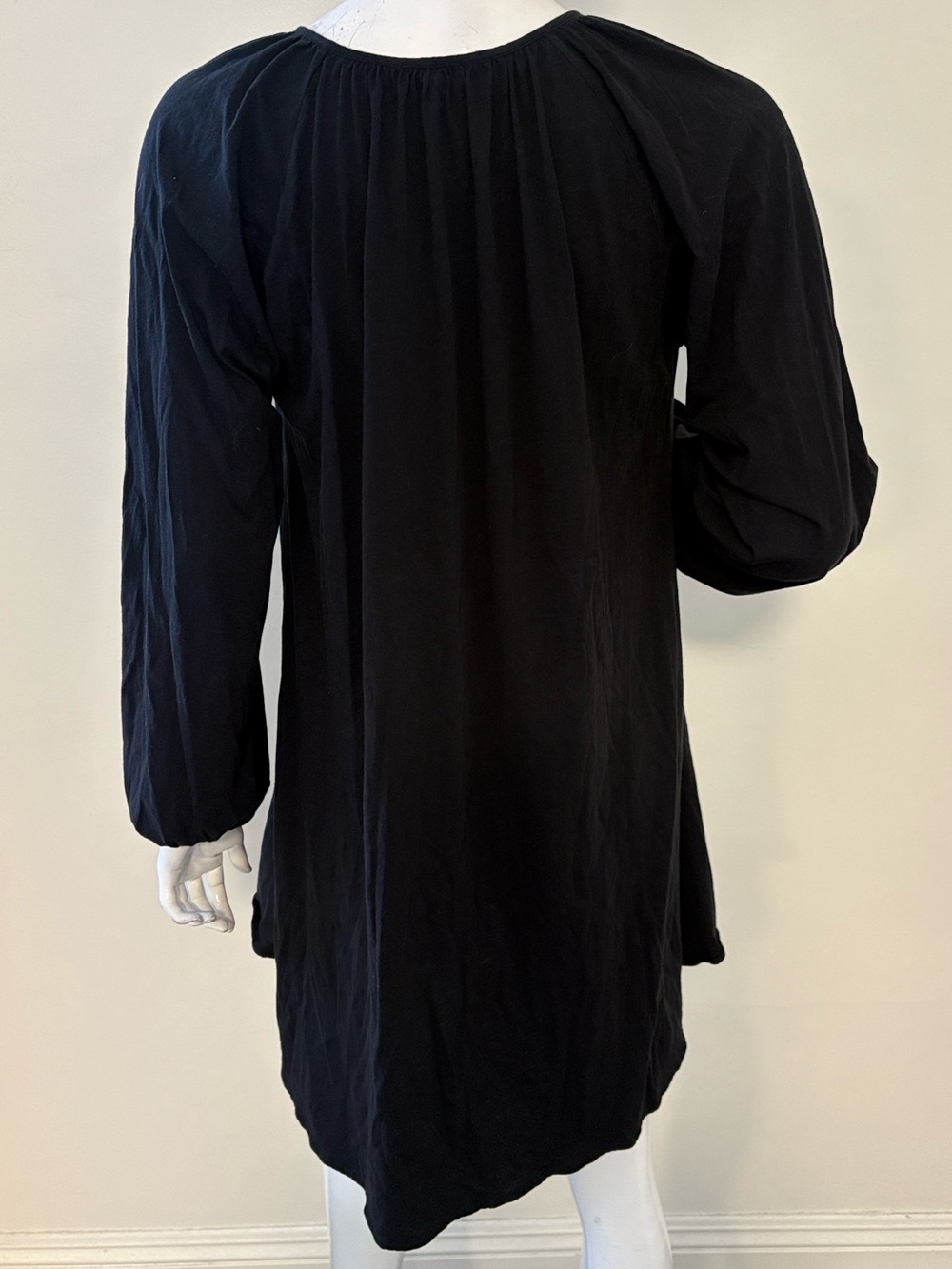 Skin Organic Pima Cotton Classic Black Long-Sleeve Mini Dress w Tie Detail - Picture 2 of 5